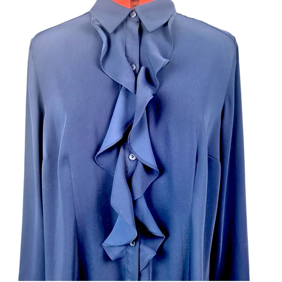 Chicos Colbalt Blue Ruffle Front Silky Blouse Size 2 Medium 12-14 - Picture 3 of 14